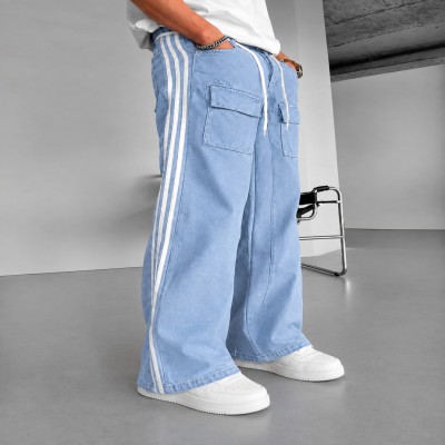 Men's Light Blue Baggy Striped Cargo Jeans