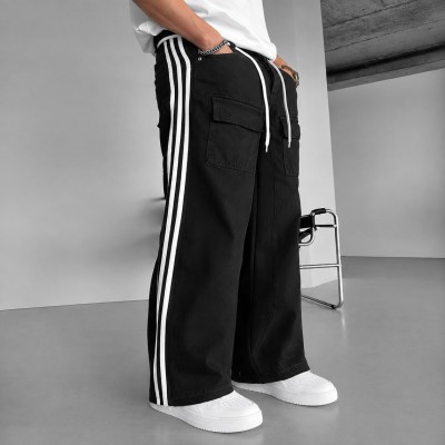 Men's Black  Baggy Striped Cargo Jeans