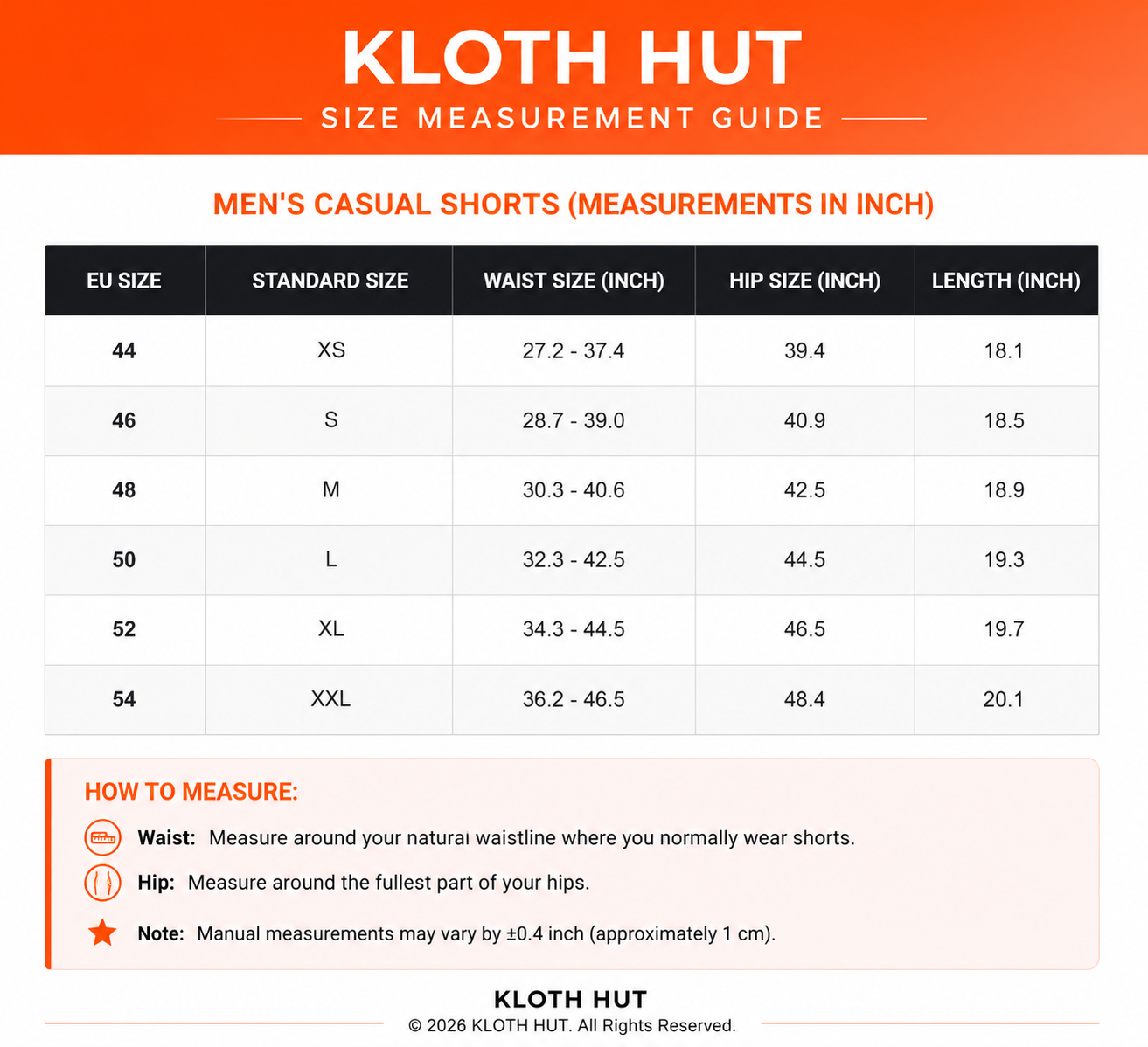 Size chart for Remi Cotton Summer Shorts